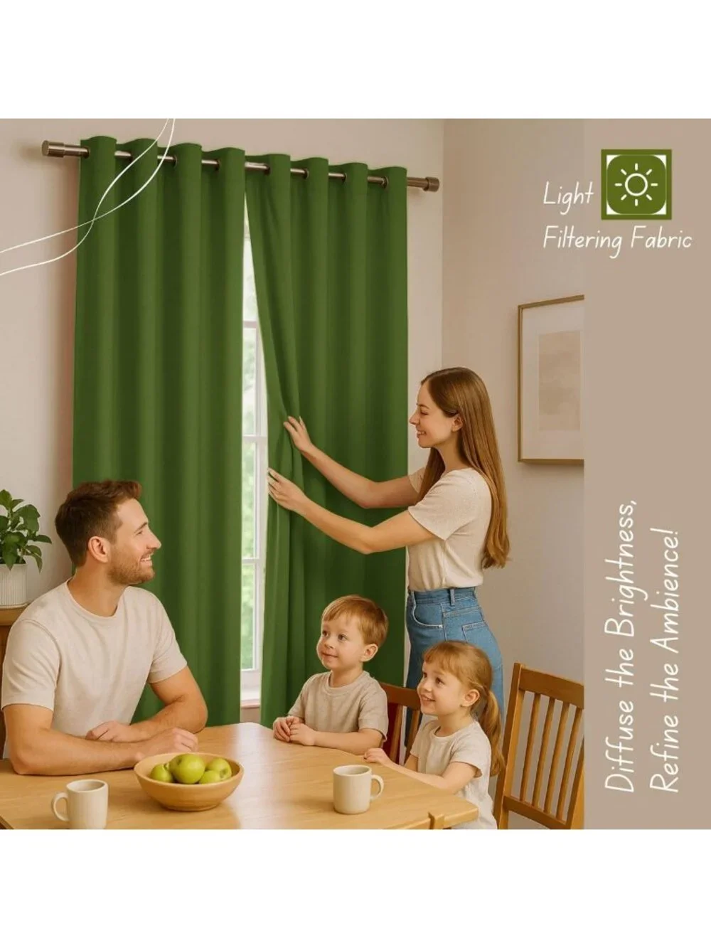 Forest Green 100% Cotton Light Filtering Curtain Panels 54